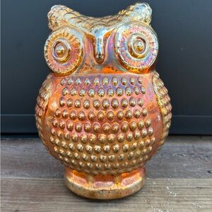 Vintage Amber Iridescent Carnival Glass Large Owl Glass Figure Clear Base